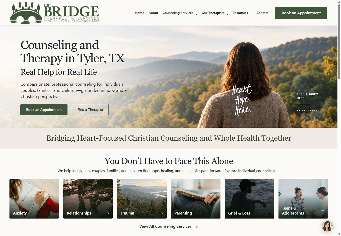 The Bridge Therapeutic Services homepage showing its counseling introduction, appointment link, and service categories